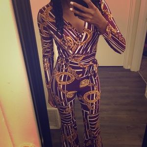 Long Sleeve Burgundy and Gold Jumpsuit